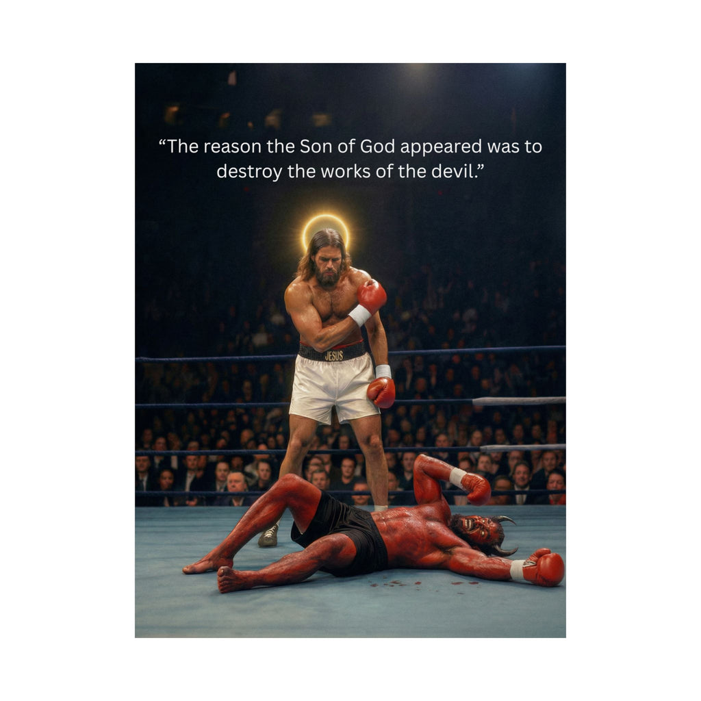 Jesus Boxing Poster — "The reason the Son of God appeared was to destroy the works of the devil." Matte Vertical Religious Wall Art