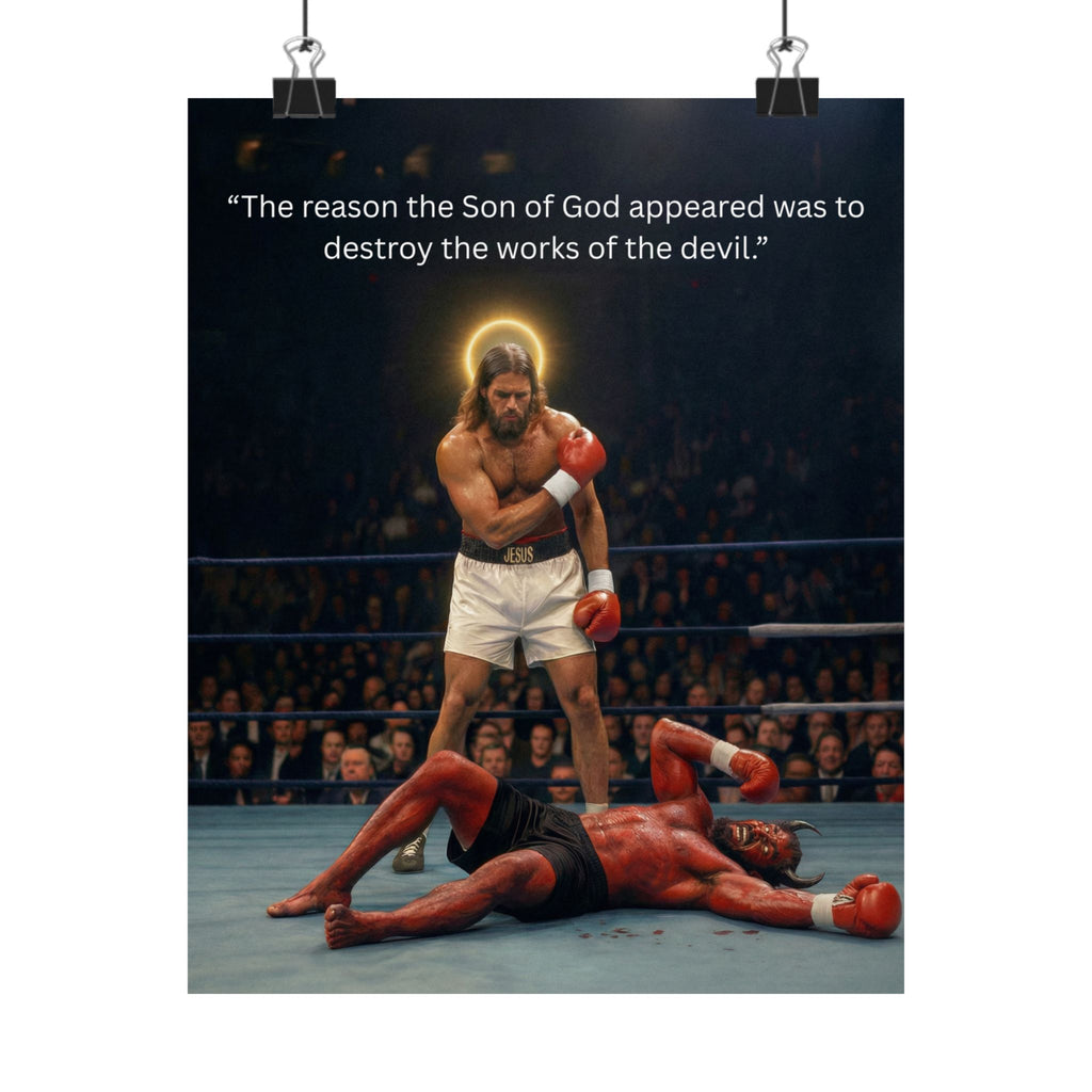 Jesus Boxing Poster — "The reason the Son of God appeared was to destroy the works of the devil." Matte Vertical Religious Wall Art
