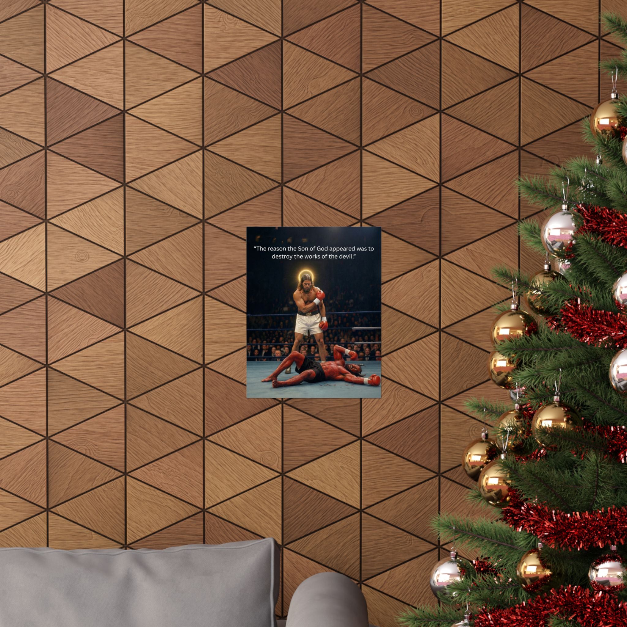 Jesus Boxing Poster — "The reason the Son of God appeared was to destroy the works of the devil." Matte Vertical Religious Wall Art