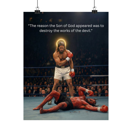 Jesus Boxing Poster — "The reason the Son of God appeared was to destroy the works of the devil." Matte Vertical Religious Wall Art